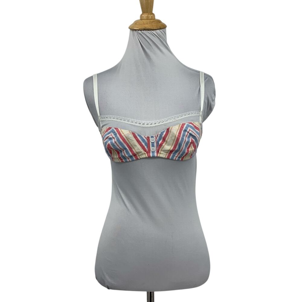 Anthropologie Bralette Women XXS 2XS Striped Mesh Lace Trim Cotton Double Button